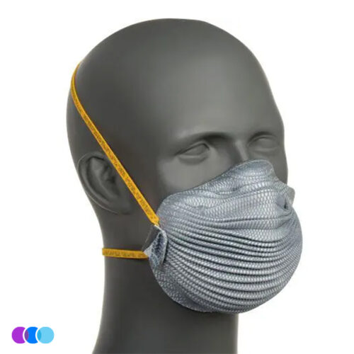 aerovex-n95-on-mannequin A gray mannequin head wears the Airwave 4800 N95 Mask Plus Relief From Organic Vapors, featuring two yellow straps. This pack of 8 masks covers nose and mouth, guarding effectively against organic vapors and airborne particles. Read more at Aerovex Systems (aerovexsystems.com)