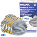 A stack of gray Airwave 4800 N95 Mask Plus Relief From Organic Vapors (Pack of 8) with yellow straps sits before a white and purple box featuring blue text, product features, certifications, and organic vapor protection in multiple languages. Read more at Aerovex Systems (aerovexsystems.com)