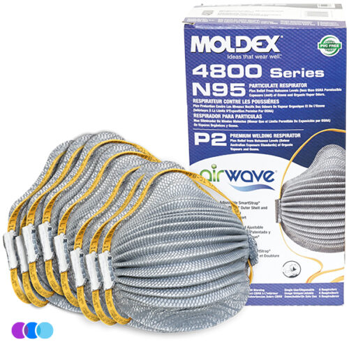 aerovex-n95-particulate-respirator-masks-box-contents-2 A stack of gray Airwave 4800 N95 Mask Plus Relief From Organic Vapors (Pack of 8) with yellow straps sits before a white and purple box featuring blue text, product features, certifications, and organic vapor protection in multiple languages. Read more at Aerovex Systems (aerovexsystems.com)