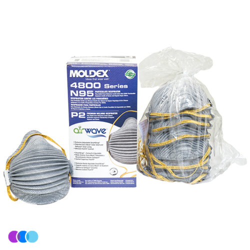 aerovex-n95-particulate-respirator-masks-box-contents A box of Airwave 4800 N95 Mask Plus Relief From Organic Vapors – Pack of 8 stands upright next to a single gray mask with yellow straps and a clear plastic bag containing several stacked masks. Read more at Aerovex Systems (aerovexsystems.com)