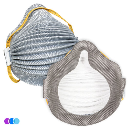 Two gray, textured Airwave 4800 N95 Mask Plus Relief From Organic Vapors (Pack of 8) are shown: one with yellow straps seen outside, and one flipped to reveal the white interior. Both feature pleats and appear against a white background. Read more at Aerovex Systems (aerovexsystems.com)