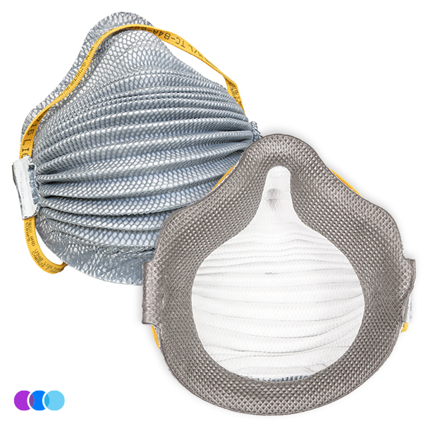 Two gray, textured Airwave 4800 N95 Mask Plus Relief From Organic Vapors (Pack of 8) are shown: one with yellow straps seen outside, and one flipped to reveal the white interior. Both feature pleats and appear against a white background. Read more at Aerovex Systems (aerovexsystems.com)