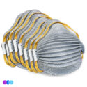 A stack of six gray Airwave 4800 N95 Mask Plus Relief From Organic Vapors (Pack of 8) with yellow elastic headbands, textured surface, and metal nose strips is arranged in a staggered row. Three small color circles appear at bottom left. Read more at Aerovex Systems (aerovexsystems.com)