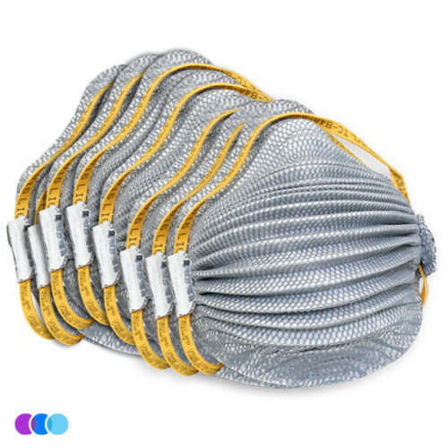 aerovex-n95-particulate-respirator-masks-stack-of-8 A stack of six gray Airwave 4800 N95 Mask Plus Relief From Organic Vapors (Pack of 8) with yellow elastic headbands, textured surface, and metal nose strips is arranged in a staggered row. Three small color circles appear at bottom left. Read more at Aerovex Systems (aerovexsystems.com)