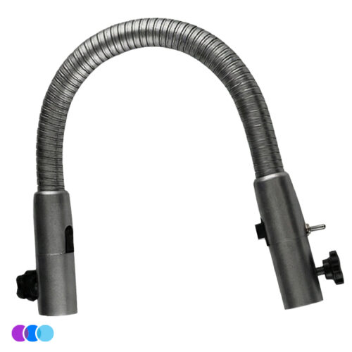 The Sunflower II Flexible Neck is a metal flexible arm with end fittings and a black adjustment knob. It bends into an upside-down "U", set against a white background with three small colored circles at the bottom left. Read more at Aerovex Systems (aerovexsystems.com)