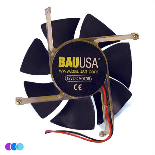 A black Sunflower II LED Nail Dust Collector Fan Motor with seven blades, gold mounting arms, and red-black power wires is shown. The yellow center label displays the brand name and website with CE marking below. The background is white. Read more at Aerovex Systems (aerovexsystems.com)
