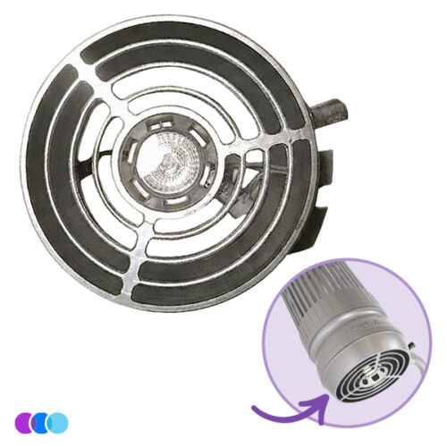 aerovex-sunflower-II-led-lamp-set A close-up of the Sunflower II LED Lamp Set - a round metallic reflector with a grid pattern, viewed from above. An inset shows the reflector and light attached to a full Sunflower II LED Nail Dust Collector head, highlighted by a purple arrow to designate the location of the LED lamp set. Read more at Aerovex Systems (aerovexsystems.com)