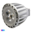 A close-up of the Sunflower II LED Light spotlight bulb, featuring a silver ribbed metal casing, three visible LED lenses, and a GU5.3 bi-pin base against a white background, with three small colored circles in the bottom left corner. Read more at Aerovex Systems (aerovexsystems.com)