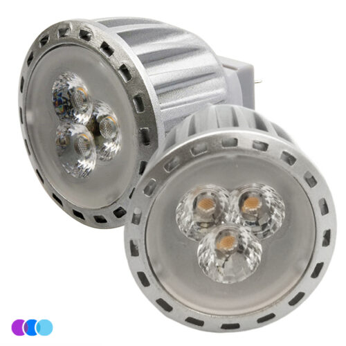 aerovex-sunflower-II-led-replacement-light-2-angle Two silver Sunflower II LED Light bulbs face the camera, each displaying three circular elements behind clear lenses. The bulbs have ribbed sides for heat dissipation and notched edges. Three small colored circles are in the lower left corner. Read more at Aerovex Systems (aerovexsystems.com)