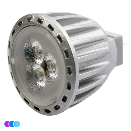 A close-up of the Sunflower II LED Light spotlight bulb, featuring a silver ribbed metal casing, three visible LED lenses, and a GU5.3 bi-pin base against a white background, with three small colored circles in the bottom left corner. Read more at Aerovex Systems (aerovexsystems.com)