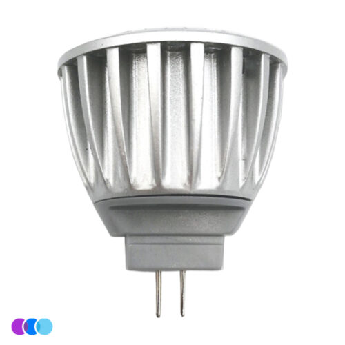 aerovex-sunflower-II-led-replacement-light-side The Sunflower II LED Light, a silver bulb with vertical grooves, flat top, and two metal prongs at the base, stands upright on a plain white background with three small colored dots in the lower left corner. Read more at Aerovex Systems (aerovexsystems.com)