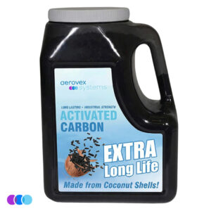 A black plastic container with a white lid for Aerovex Systems Activated Carbon used in The One That Works™ air purifier. The label has a cracked coconut, carbon pieces, and reads: “Made from Coconut Shells! Long Lasting • Industrial Strength.” Made for The One That Works™ Salon Room Air Purifier and Air Purifier with PCO Technology. Read more at Aerovex Systems (aerovexsystems.com)