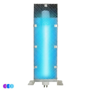 The Replacement Cell for The One That Works with PCO Technology – Ozone Free glows blue behind a hexagonal grid, standing upright on a metal base with two feet. Its protective mesh encases the lamp, set against a plain white background. Read more at Aerovex Systems (aerovexsystems.com)