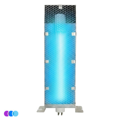 The Replacement Cell for The One That Works with PCO Technology – Ozone Free glows blue behind a hexagonal grid, standing upright on a metal base with two feet. Its protective mesh encases the lamp, set against a plain white background. Read more at Aerovex Systems (aerovexsystems.com)