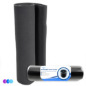 A roll of black washable foam dust filter for The One That Works™ Salon Room Air Purifier and Purifier with PCO Technology stands upright. In front is a packaged roll with a white and blue label reading "Washable Dust Filter," featuring the filter’s photo. Both are shown against a white background. Read more at Aerovex Systems (aerovexsystems.com)