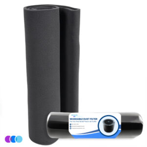 A roll of black washable foam dust filter for The One That Works™ Salon Room Air Purifier and Purifier with PCO Technology stands upright. In front is a packaged roll with a white and blue label reading "Washable Dust Filter," featuring the filter’s photo. Both are shown against a white background. Read more at Aerovex Systems (aerovexsystems.com)