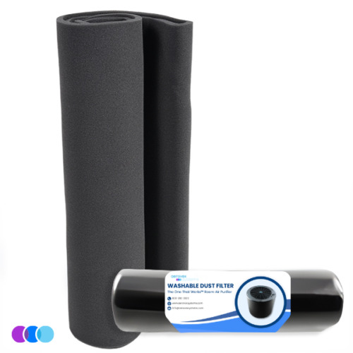aerovex-the-one-that-works-totw-washable-dust-filter A roll of black washable foam dust filter for The One That Works™ Salon Room Air Purifier and Purifier with PCO Technology stands upright. In front is a packaged roll with a white and blue label reading "Washable Dust Filter," featuring the filter’s photo. Both are shown against a white background. Read more at Aerovex Systems (aerovexsystems.com)