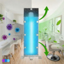 The One That Works™ Salon Room Air Purifier PCO Ozone Free replacement cell stands in a bright salon; on the left, germs and viruses are shown, while on the right, clean air with green leaves appears. Green arrows illustrate the purifier removing germs and odors and releasing purified air. Read more at Aerovex Systems (aerovexsystems.com)