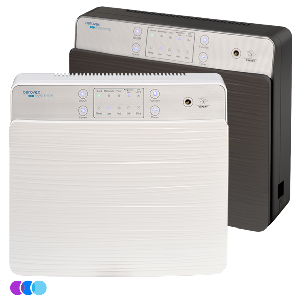Two Aerovex Systems Wall Mounted Air Purifier systems, one white and one gray, are side by side. Both have ridged fronts, top control panels with buttons and LEDs, branding, and three small colored circles (purple, blue, cyan) in the lower left corner. Read more at Aerovex Systems (aerovexsystems.com)