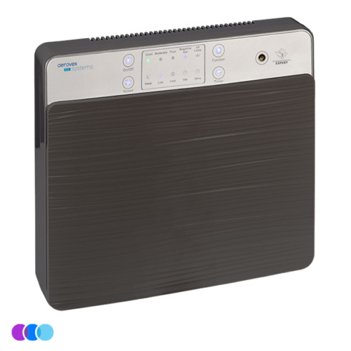 aerovex-wall-mount-air-purifier-gray-face-rt The Aerovex Systems Wall Mounted Air Purifier is a rectangular gray unit with a textured front, rounded edges, and a silver top control panel featuring buttons, indicator lights, and a power switch. The brand name appears on the left side of the panel. Read more at Aerovex Systems (aerovexsystems.com)
