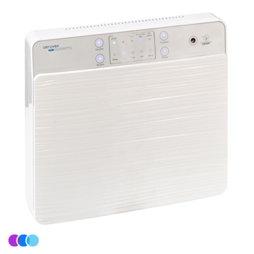 aerovex-wall-mount-air-purifier-white-face-rt The Aerovex Systems Wall Mounted Air Purifier is white, rectangular, with a textured front panel and a digital control display featuring buttons and indicator lights on the top front. The Aerovex Eco Systems logo appears in the top left corner. Read more at Aerovex Systems (aerovexsystems.com)