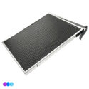 The Dust Plus HVAC Filter, a rectangular black mesh screen with a silver metal frame and side handle, is shown on a white background. Three small circles—purple, blue, and light blue—appear in the bottom left corner. Read more at Aerovex Systems (aerovexsystems.com)