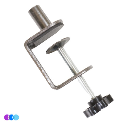 aerovex-sunflower-II-desk-clamp A metal C-clamp with a threaded screw and black plastic handle is shown angled. Ideal for use with the Aerovex Sunflower II LED Nail Dust Collector to attach to a desk. Three small colored circles are visible at the bottom left. Read more at Aerovex Systems (aerovexsystems.com)
