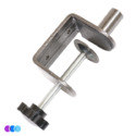 A metal C-clamp with a threaded screw and black plastic handle is shown angled. Ideal for use with the Aerovex Sunflower II LED Nail Dust Collector to attach to a desk. Three small colored circles are visible at the bottom left. Read more at Aerovex Systems (aerovexsystems.com)