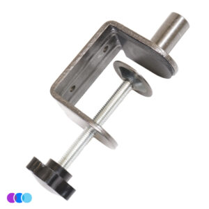 A metal C-clamp with a threaded screw and black plastic handle is shown angled. Ideal for use with the Aerovex Sunflower II LED Nail Dust Collector to attach to a desk. Three small colored circles are visible at the bottom left. Read more at Aerovex Systems (aerovexsystems.com)