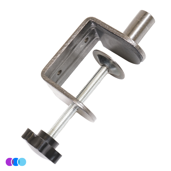 A metal C-clamp with a threaded screw and black plastic handle is shown angled. Ideal for use with the Aerovex Sunflower II LED Nail Dust Collector to attach to a desk. Three small colored circles are visible at the bottom left. Read more at Aerovex Systems (aerovexsystems.com)