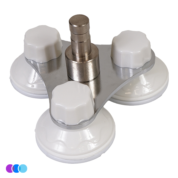 The suction mount option is a metal bracket with a central cylindrical post and three white plastic knobs, each on a suction-cup base, symmetrically arranged to complement systems like the Aerovex Sunflower II LED Dust Collector. Read more at Aerovex Systems (aerovexsystems.com)