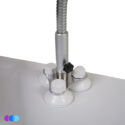 A close-up of the Suction Mount option for the Aerovex Sunflower II LED Nail Dust Collector shows its metallic pole secured to a white desk with three suction cups, featuring a tightening knob. Three colored circles are in the bottom left corner. Read more at Aerovex Systems (aerovexsystems.com)