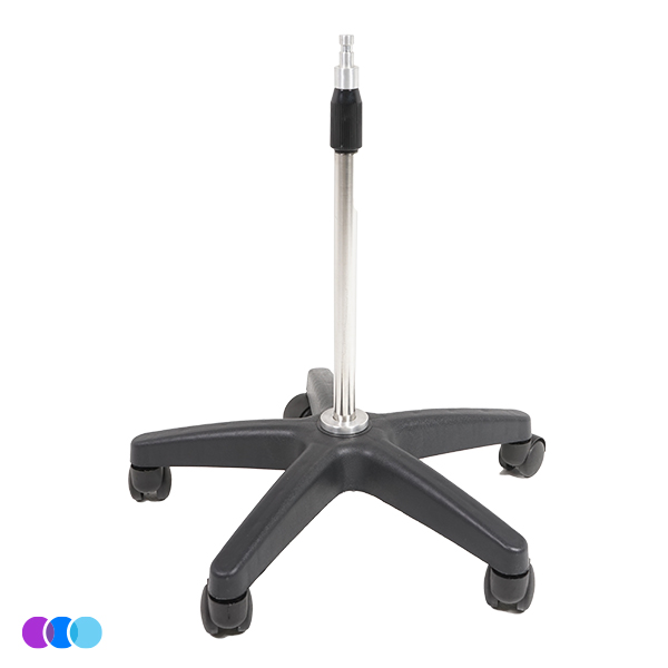 A black wheeled base with five legs and caster wheels with a central metal cylinder for the Sunflower II LED Nail Dust Collector. The plain white background features three small colored circles in the bottom left corner. Read more at Aerovex Systems (aerovexsystems.com)