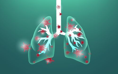 Illustration of lungs being attacked by an external pathogen illustrating the connection between lung health and indoor air quality.