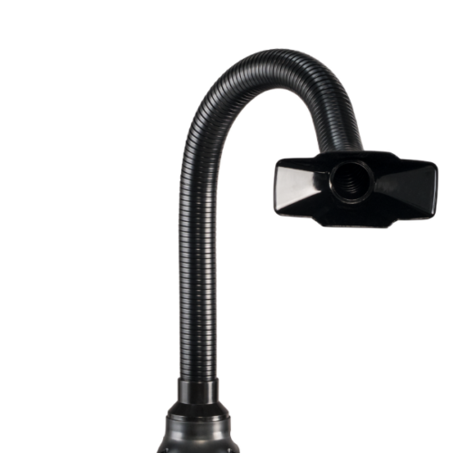 The Whisper Nail Source Capture System Replacement Hose is a flexible, black gooseneck tube with a rectangular, hollow, black plastic attachment at the end, vertically oriented and smoothly curved at the top against a white background. Read more at Aerovex Systems (aerovexsystems.com)