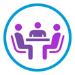 Icon of three stylized purple figures sitting around a table, with a blue circular outline. The scene suggests a workspace with multiple people meant to depict the room zone - the middle zone of the salon 3-zone protection system. The design is simple and uses shades of purple and blue for a harmonious look. Read more at Aerovex Systems (aerovexsystems.com)