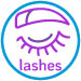 A stylized eye icon with prominent lashes is enclosed in a blue circle. The eye features a purple eyelid contrasted with pink lashes, giving a vibrant look. Below, the word "lashes" is written in lowercase blue letters. The design is simple and modern. Read more at Aerovex Systems (aerovexsystems.com)