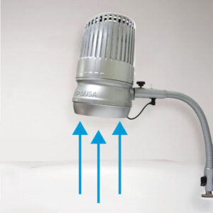 A silver smoke extractor with a cylindrical, vented top and adjustable arm is mounted on a surface. Three blue arrows point upwards toward the extractor, indicating airflow direction. The background is plain and light-colored. Read more at Aerovex Systems (aerovexsystems.com)