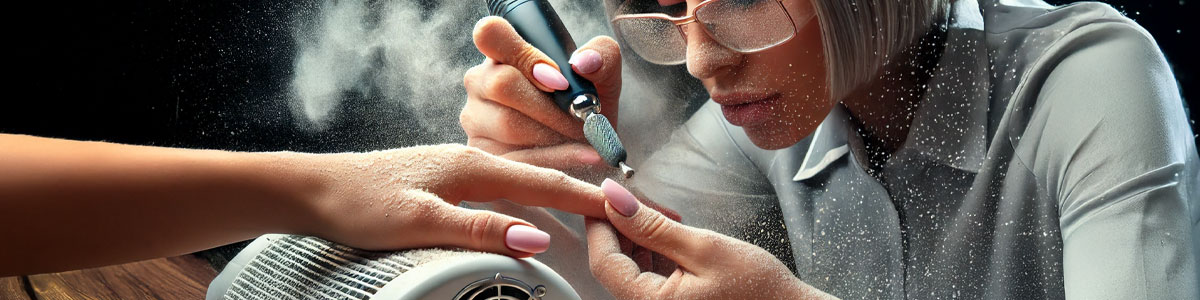 A nail technician wearing glasses shapes a clients nails with an electric nail file, using a nail dust collector that is releasing harmful nail dust into the air, illustrating the question, do cheap nail dust collectors work. The client’s nails are painted light pink. The scene is close-up and focused on the hands and tools used during the manicure. Read more at Aerovex Systems (aerovexsystems.com)