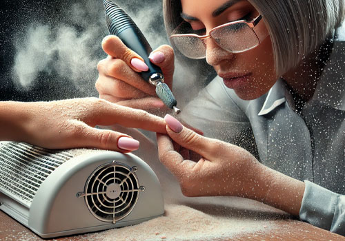 A woman with bobbed hair and glasses uses an electric nail file on another persons fingernails. Fine dust particles fill the air. A ventilation device is positioned near their hands to capture the dust, illustrating the question, do cheap nail dust collectors work. Both have manicured nails. Read more at Aerovex Systems (aerovexsystems.com)