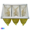 A rectangular air filter with a metal frame and three yellow, V-shaped pockets hangs below it. This is a Whisper Source Capture System Replacement Filter for Vented Units. The background is white with three small colored circles at bottom left. Read more at Aerovex Systems (aerovexsystems.com)
