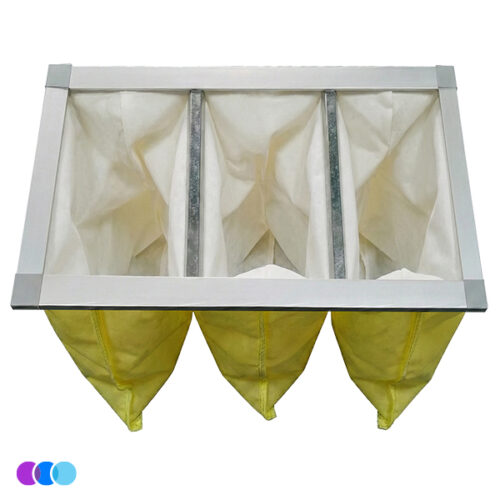 aerovex-whisper-minivent-vto-particle-filter-open A rectangular air filter with a metal frame and three yellow, V-shaped pockets hangs below it. This is a Whisper Source Capture System Replacement Filter for Vented Units. The background is white with three small colored circles at bottom left. Read more at Aerovex Systems (aerovexsystems.com)