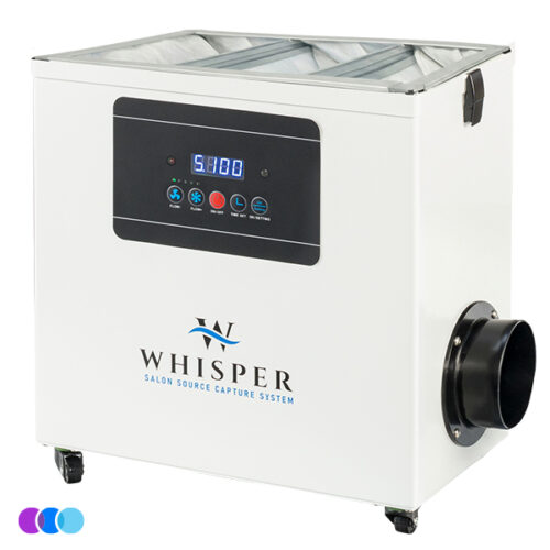 aerovex-whisper-minivent-white-particle-filter-installed-view-side A white Aerovex Whisper MiniVent™ Source Capture System on wheels with a digital display and blue/red buttons uses Whisper Source Capture System Replacement Filters for Vented Units. The unit is labeled "Whisper Salon Source Capture System:. Read more at Aerovex Systems (aerovexsystems.com)