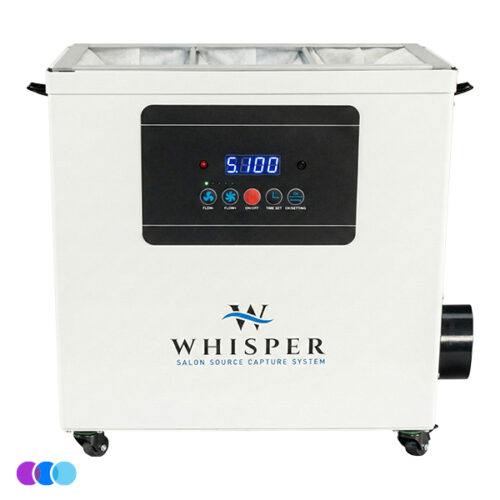 aerovex-whisper-minivent-white-particle-filter-installed-view2 A white Aerovex Whisper MiniVent™ Source Capture System on wheels with a digital display and blue/red buttons uses Whisper Source Capture System Replacement Filters for Vented Units. The unit is labeled "Whisper Salon Source Capture System:. Read more at Aerovex Systems (aerovexsystems.com)