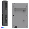 An Aerovex Max Wall Mounted Air Purifier is shown from the side and back. The side view reveals vented grilles and internal components, while the back view is flat with a wall-mounting bracket and several ports. Three colored circles in blue, violet, and cyan are at the bottom left. Read more at Aerovex Systems (aerovexsystems.com)