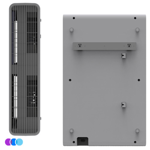 aerovex-max-wall-mount-air-purifier-side-back An Aerovex Max Wall Mounted Air Purifier is shown from the side and back. The side view reveals vented grilles and internal components, while the back view is flat with a wall-mounting bracket and several ports. Three colored circles in blue, violet, and cyan are at the bottom left. Read more at Aerovex Systems (aerovexsystems.com)