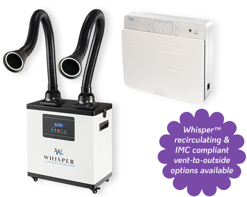 Image shows an Aerovex Systems Whisper source capture system with two flexible black hoses and a digital display, next to a white vent unit mounted on a wall. A purple badge reads: Whisper recirculating & IMC compliant vent-to-outside options available. Read more at Aerovex Systems (aerovexsystems.com)