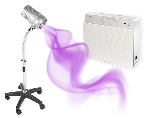 A Sunflower II LED nail dust collector sits beside a wall-mounted Aerovex Systems air purifier, with visible mist or vapor drifting between them, all set against a plain light background. Read more at Aerovex Systems (aerovexsystems.com)