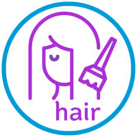 A simple purple line drawing of a womans face in profile with long hair and closed eye, inside a blue circle. To the right, a hand holds a brush near her hair. Below, hair appears in purple lowercase letters, featuring Aerovex Systems inspiration. Read more at Aerovex Systems (aerovexsystems.com)
