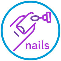A simple line drawing shows a hand having its nails painted with a brush, reflecting Aerovex Systems focus on nail care. The image is outlined in blue, with nails in purple below the hand, all enclosed in a blue circle. Read more at Aerovex Systems (aerovexsystems.com)